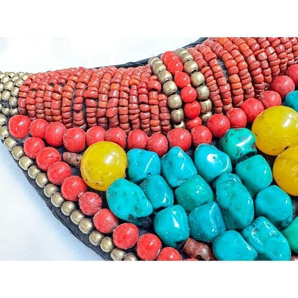 Tibetan Turquoise / Coral Beaded Neck Plate Bib  Necklace + Earrings - Picture 5 of 10